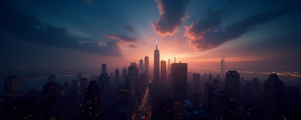Artistic skyline of New York at dusk with celestial overlays